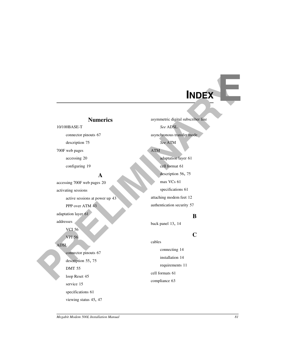 Index, Pr el i m in a ry, Ndex | ADC 500L User Manual | Page 89 / 98