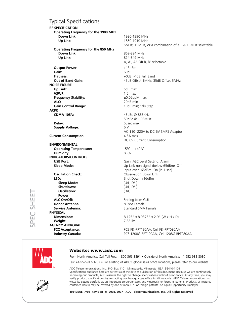 Spec sheet, Typical specifications | ADC Wireless Repeaters InterReach User Manual | Page 4 / 4