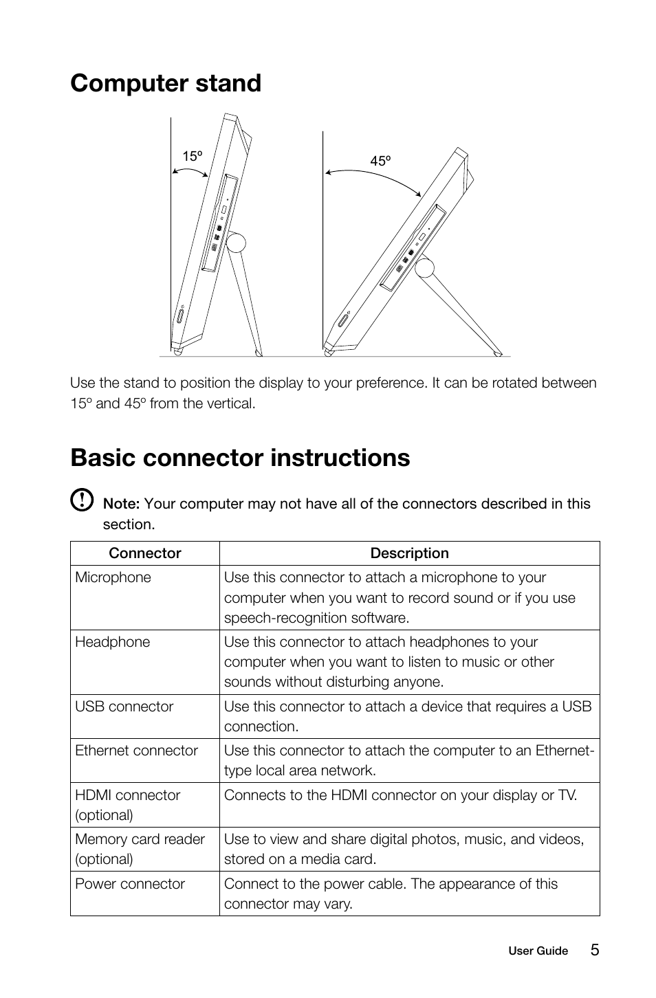 Computer stand, Basic connector instructions | Lenovo S20-00 All-in-One User Manual | Page 10 / 59