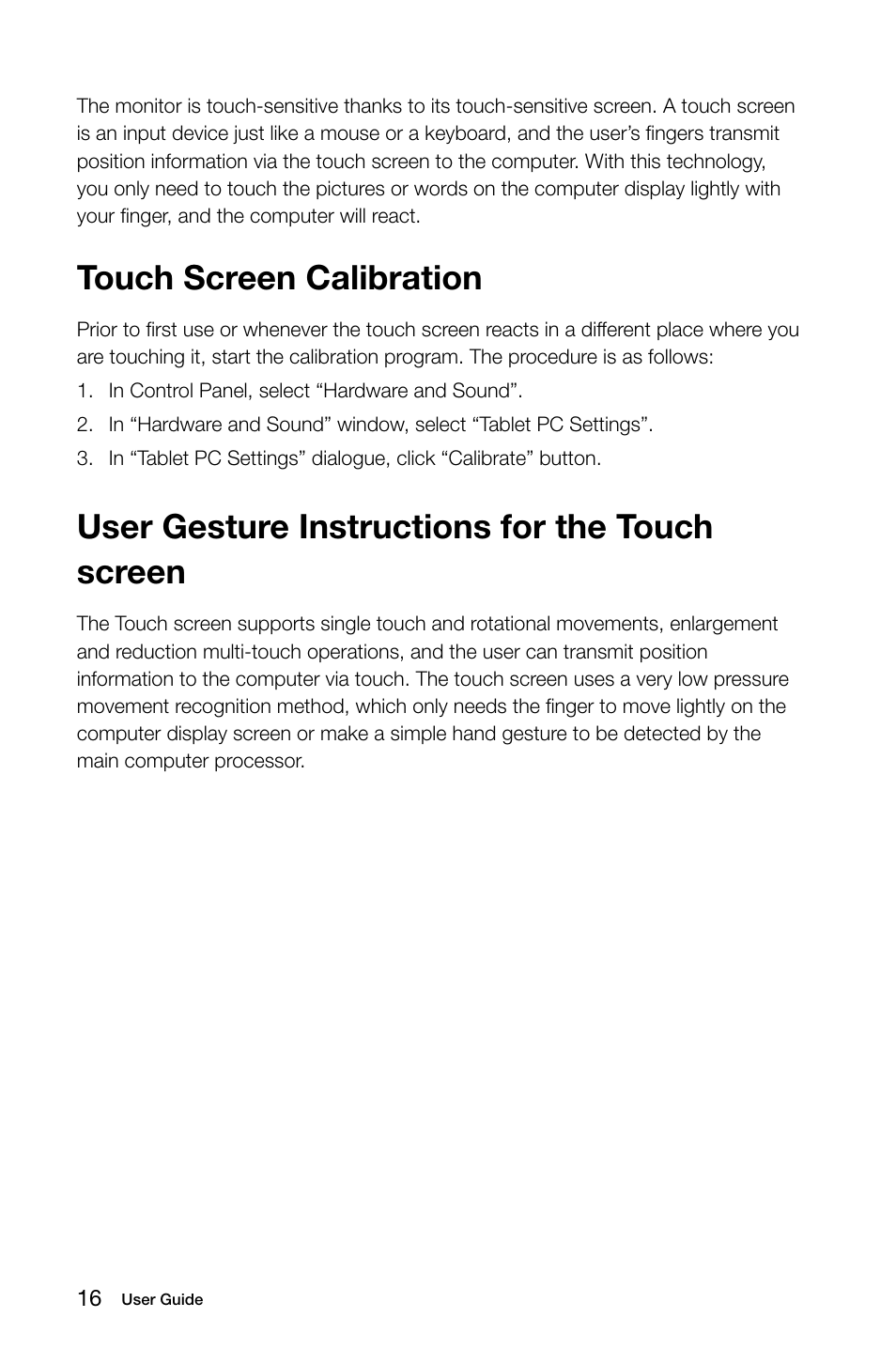 Touch screen calibration, User gesture instructions for the touch screen | Lenovo S20-00 All-in-One User Manual | Page 21 / 59