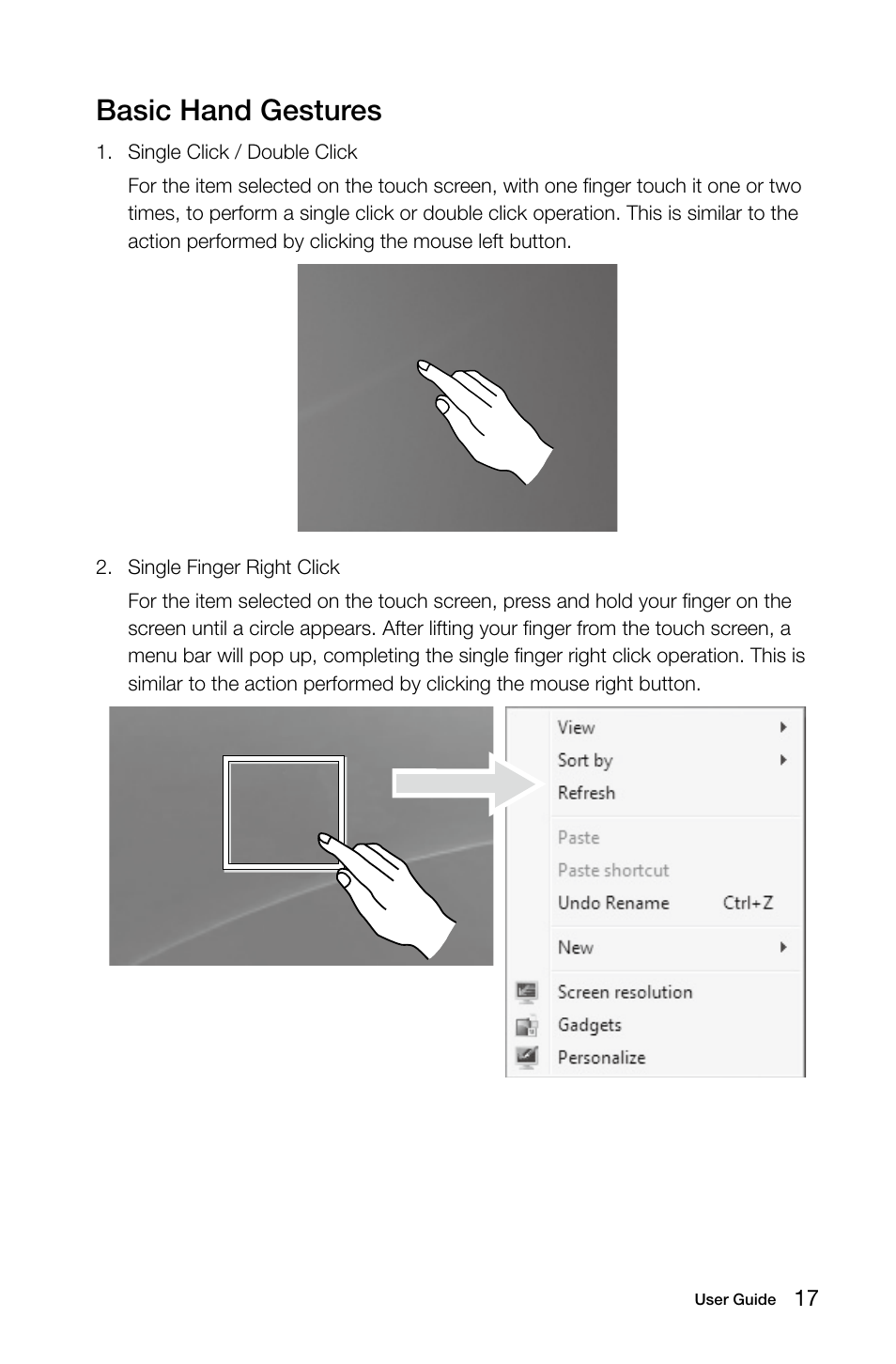 Basic hand gestures | Lenovo S20-00 All-in-One User Manual | Page 22 / 59