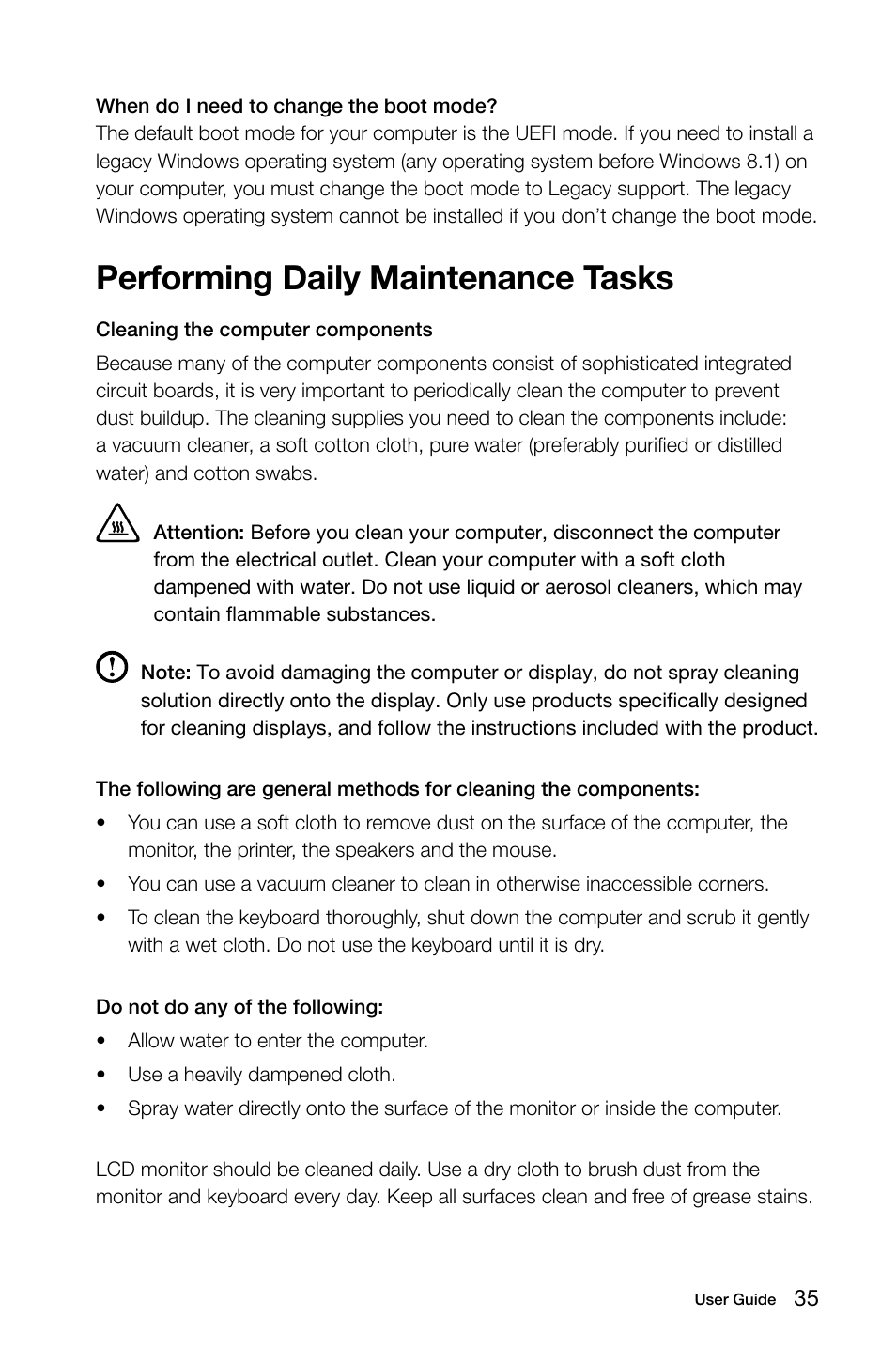 Performing daily maintenance tasks | Lenovo S20-00 All-in-One User Manual | Page 40 / 59