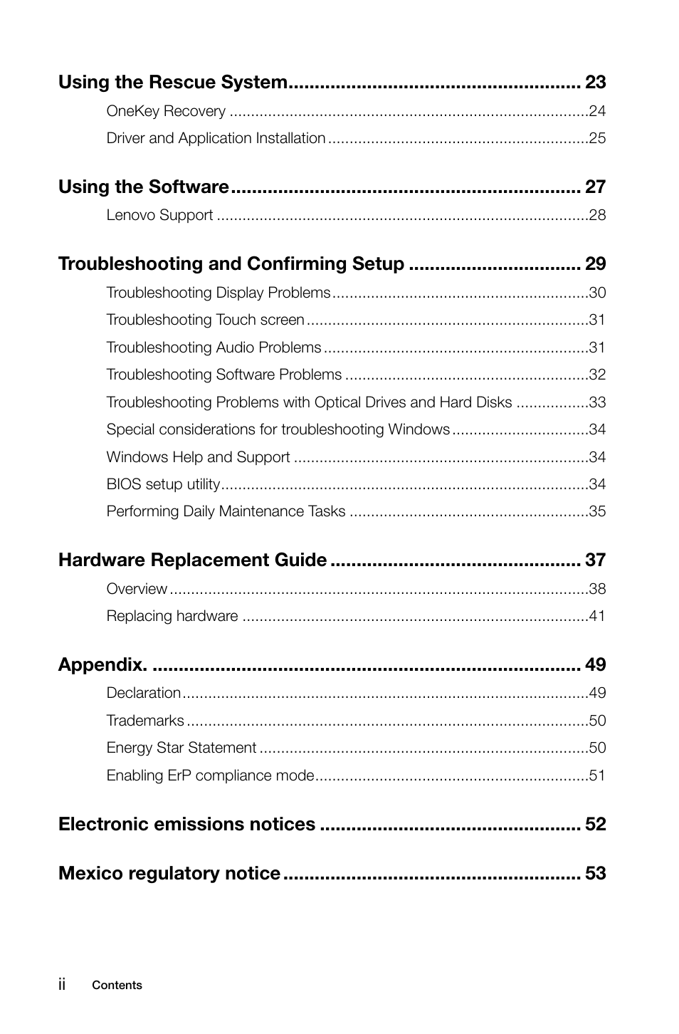 Using the rescue system, Using the software, Troubleshooting and confirming setup | Hardware replacement guide, Appendix | Lenovo S20-00 All-in-One User Manual | Page 5 / 59