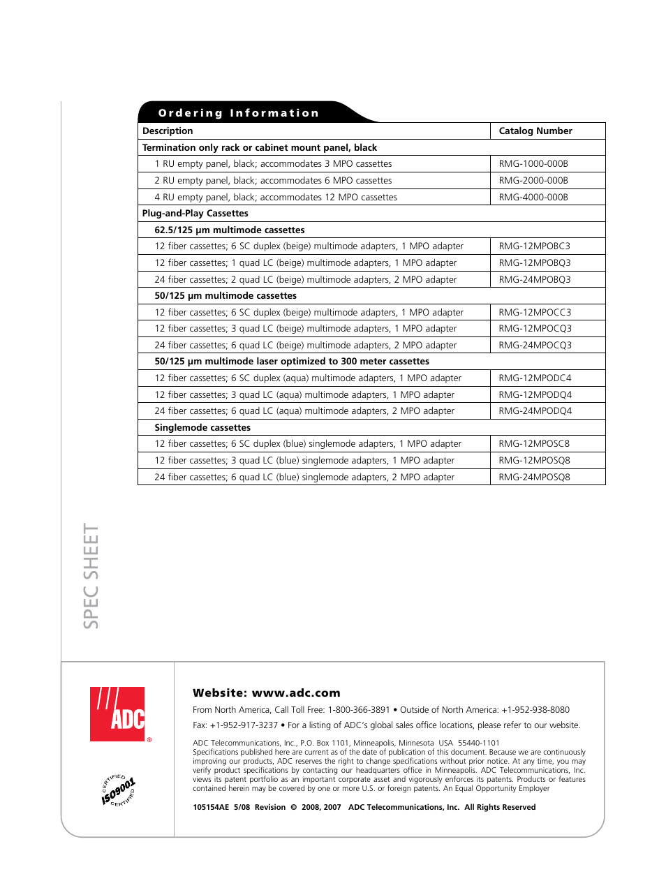 Spec sheet | ADC Plug-and-Play Cassettes RMG User Manual | Page 2 / 2