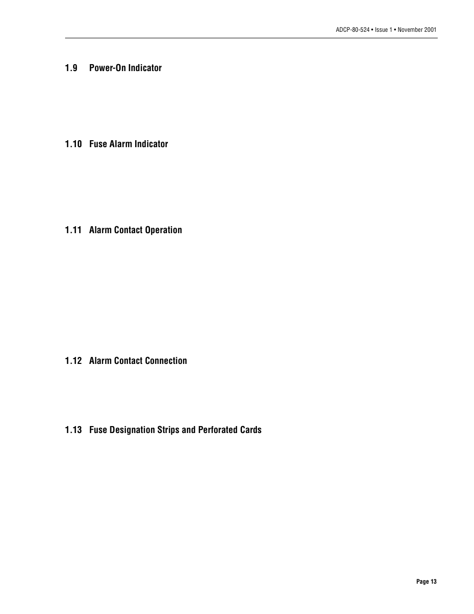 9 power-on indicator, 10 fuse alarm indicator, 11 alarm contact operation | 12 alarm contact connection, 13 fuse designation strips and perforated cards, Power-on indicator | ADC 70 User Manual | Page 13 / 32