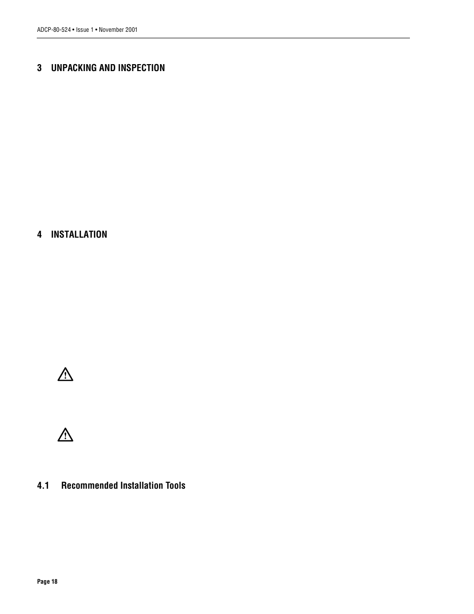 3 unpacking and inspection, 4 installation, 1 recommended installation tools | Unpacking and inspection, Installation, Recommended installation tools | ADC 70 User Manual | Page 18 / 32