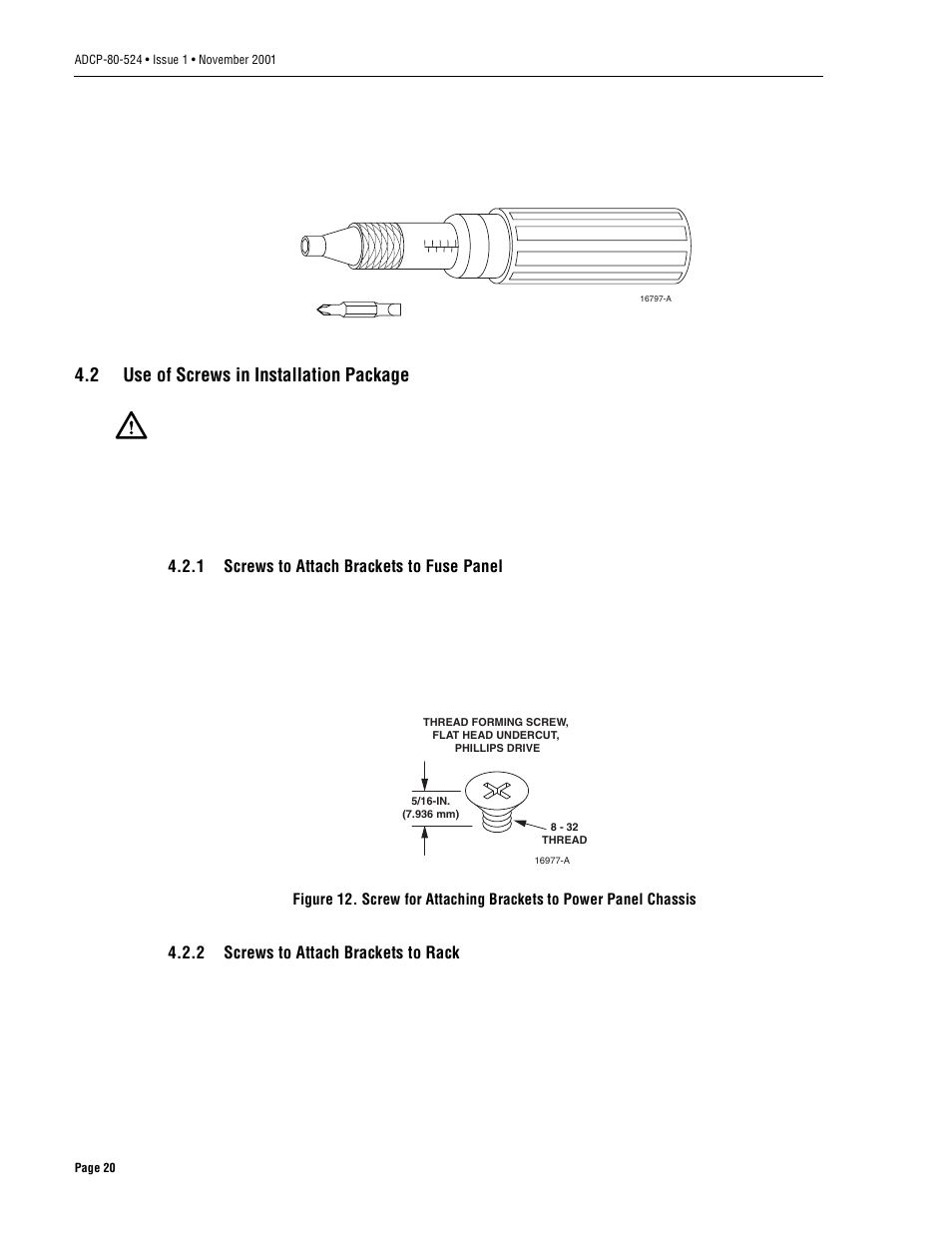 2 use of screws in installation package, 1 screws to attach brackets to fuse panel, 2 screws to attach brackets to rack | Use of screws in installation package | ADC 70 User Manual | Page 20 / 32