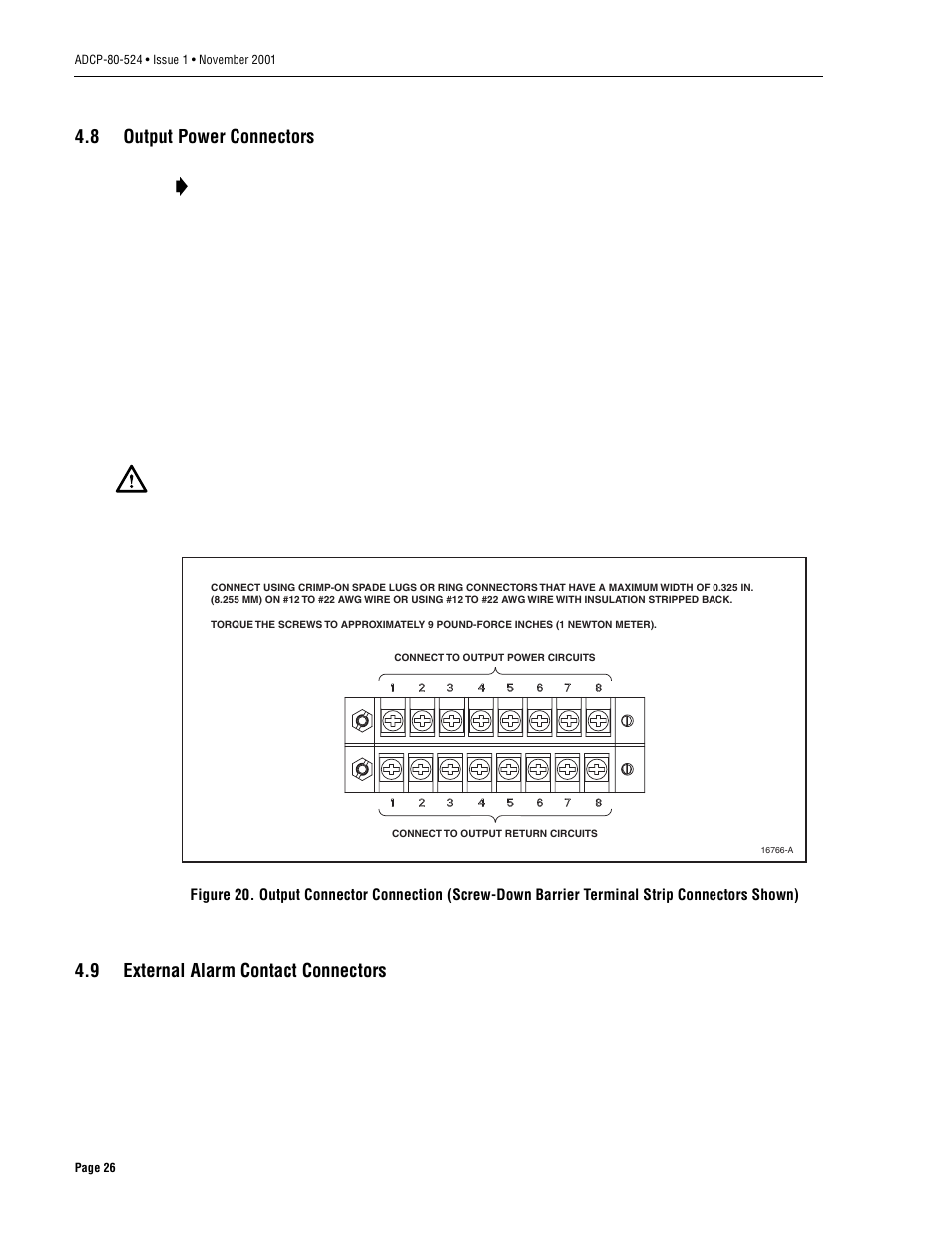 8 output power connectors, 9 external alarm contact connectors, Output power connectors | External alarm contact connectors | ADC 70 User Manual | Page 26 / 32