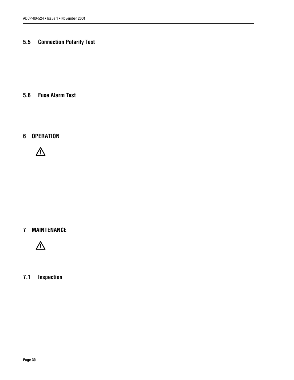 5 connection polarity test, 6 fuse alarm test, 6 operation | 7 maintenance, 1 inspection, Connection polarity test, Fuse alarm test, Operation, Maintenance, Inspection | ADC 70 User Manual | Page 30 / 32