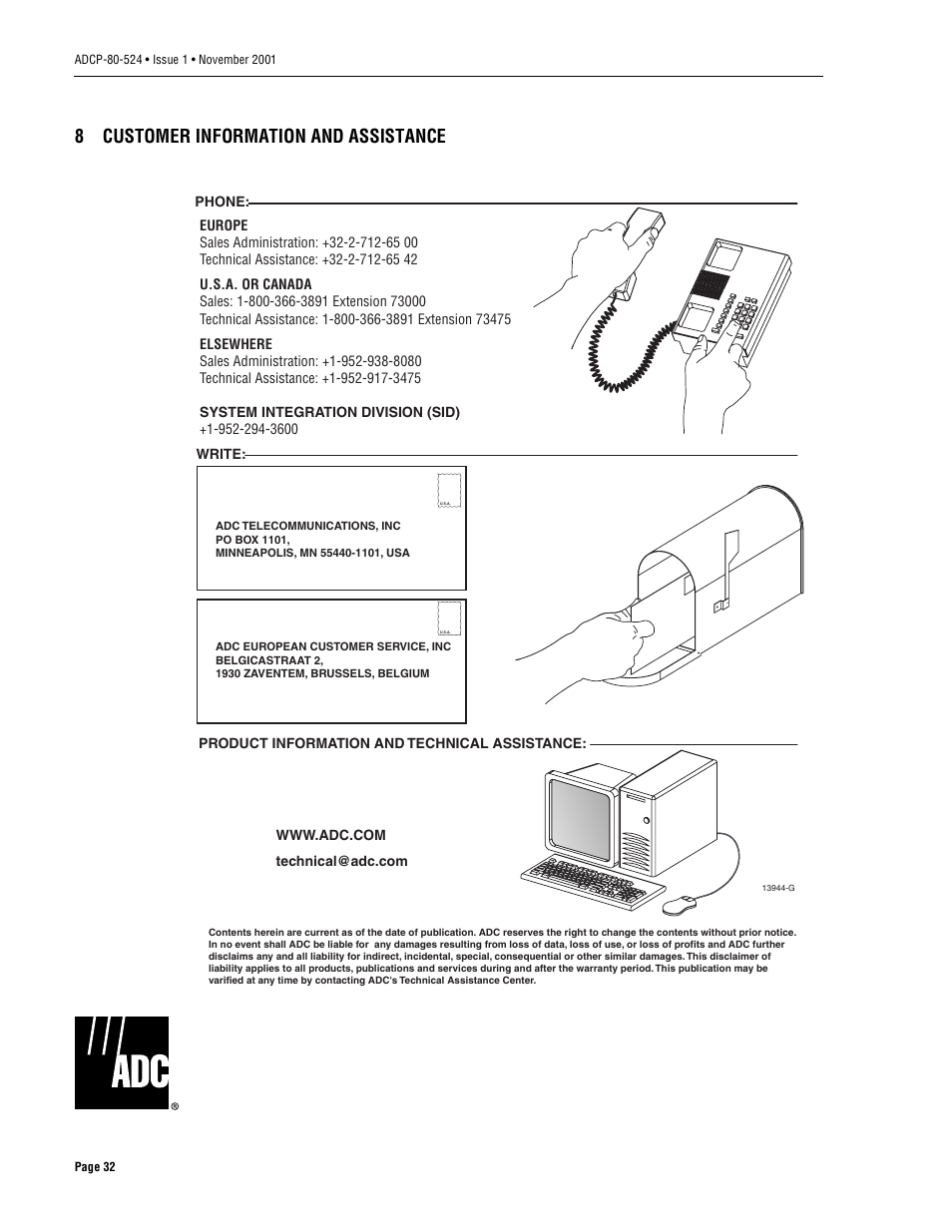8 customer information and assistance, Customer information and assistance, 8customer information and assistance | ADC 70 User Manual | Page 32 / 32