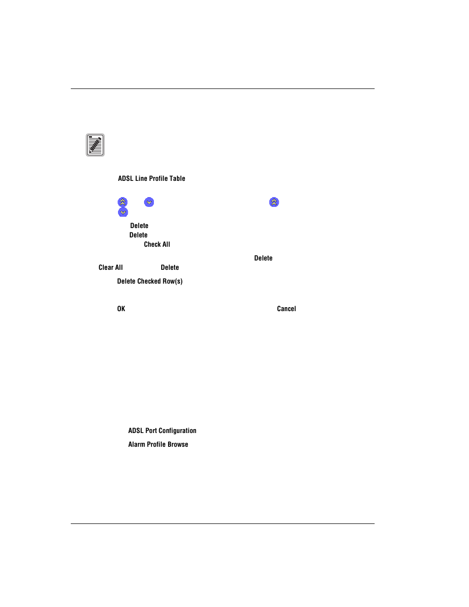 Deleting adsl line profiles, Configuring adsl alarm profiles, Adsl a | Onfiguring, Larm, Rofiles | ADC AVIDIA SWD4573I1 User Manual | Page 414 / 658