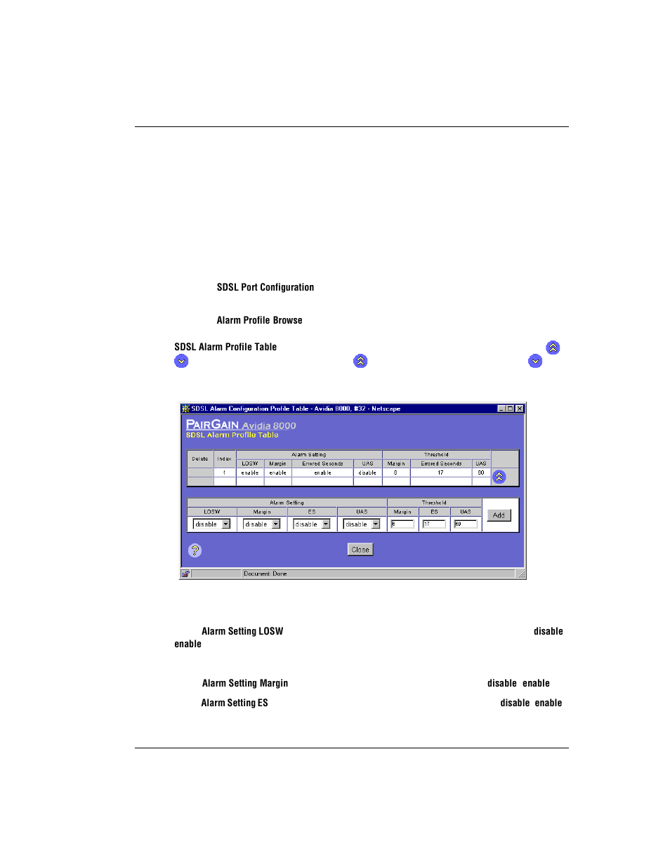 Configuring sdsl frame alarm profiles, Adding sdsl frame alarm profiles, Configuring sdsl frame alarm | Sdsl f, Onfiguring, Rame, Larm, Rofiles | ADC AVIDIA SWD4573I1 User Manual | Page 421 / 658