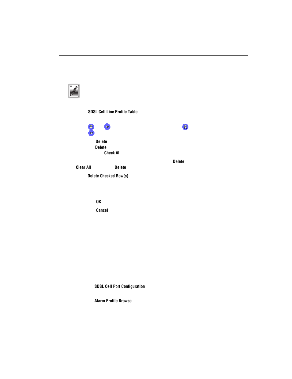 Deleting sdsl cell line profiles, Configuring sdsl cell alarm profiles, Configuring sdsl cell alarm profiles” on | Sdsl c, Onfiguring, Larm, Rofiles | ADC AVIDIA SWD4573I1 User Manual | Page 427 / 658