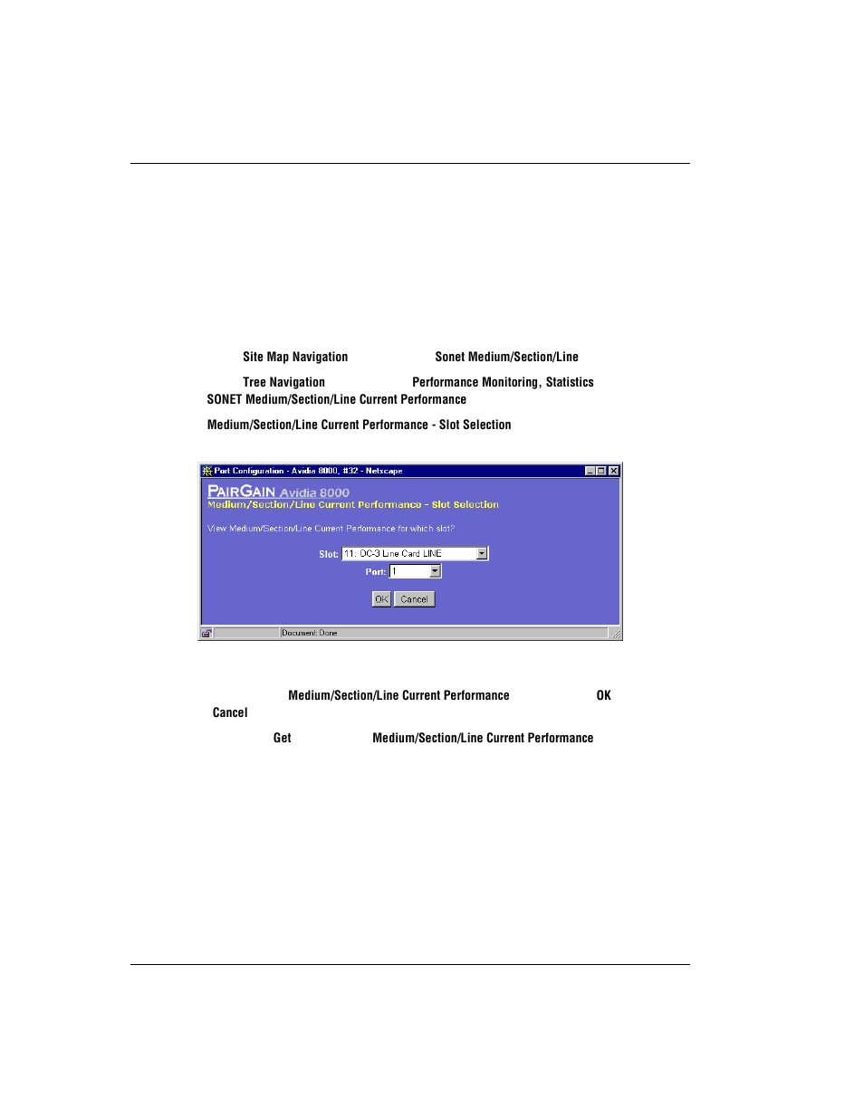 Monitoring sonet performance, Medium/section/line current performance, Sonet p | Onitoring, Erformance | ADC AVIDIA SWD4573I1 User Manual | Page 544 / 658