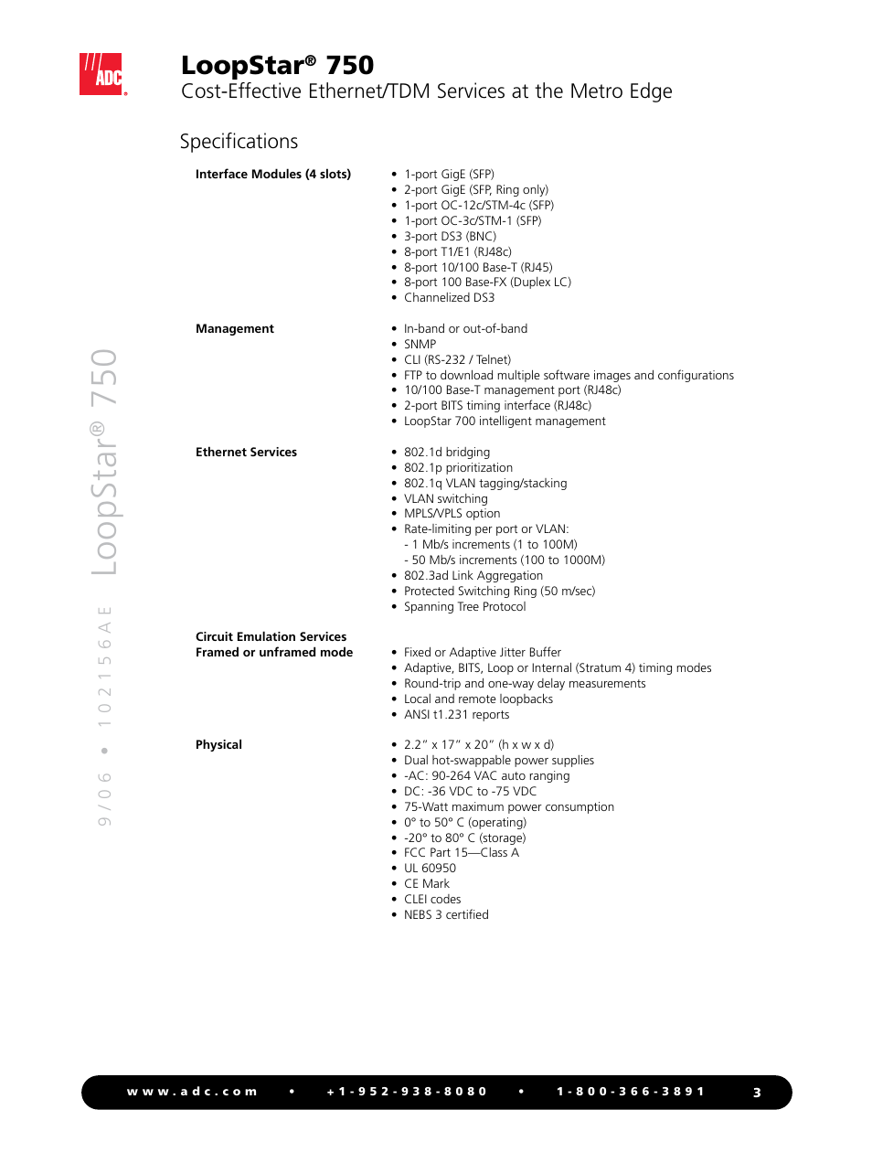 Lo o p st ar, Loopstar, Specifications | ADC LoopStar 750 User Manual | Page 3 / 4