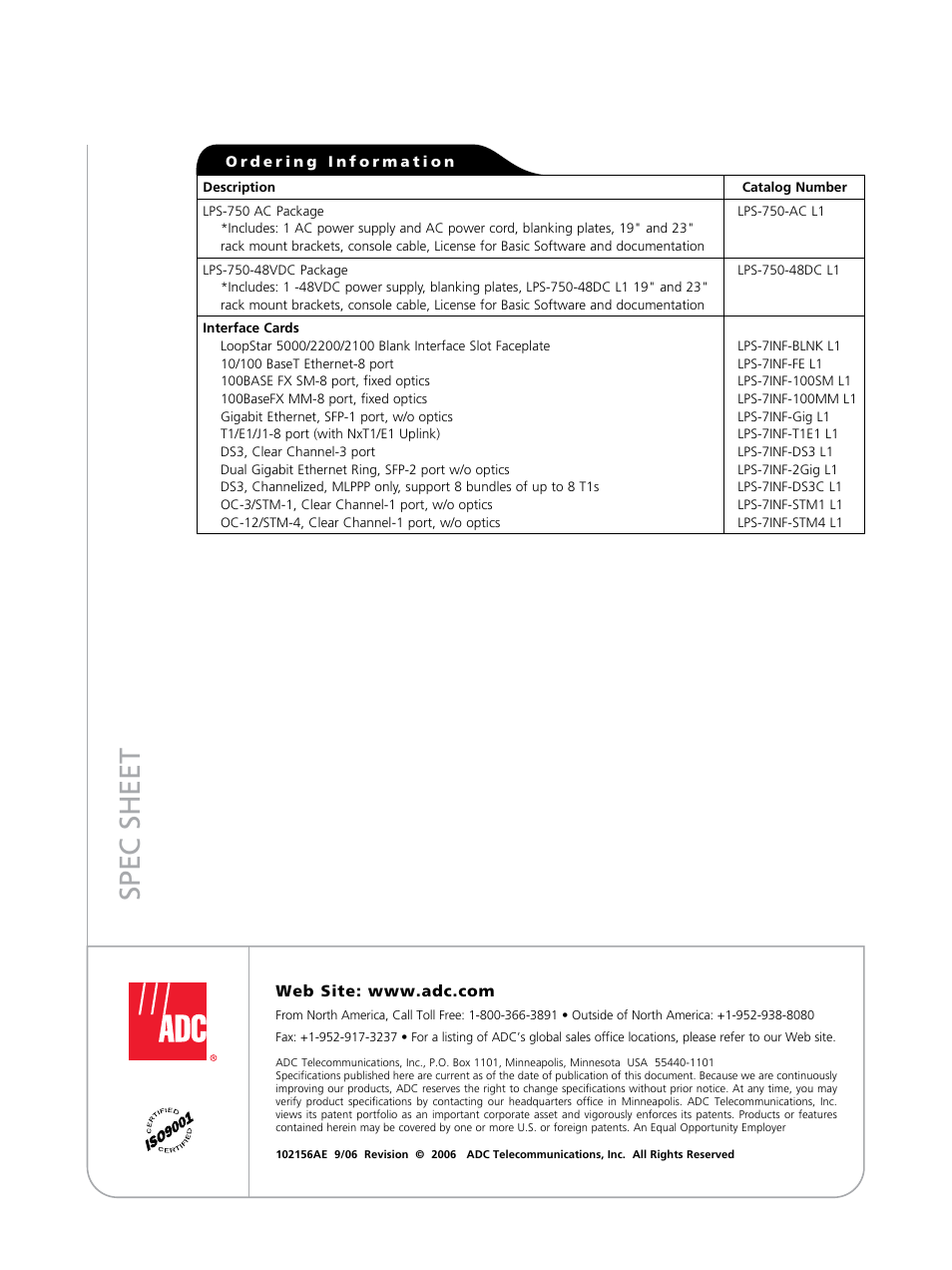 Sp ec s h ee t | ADC LoopStar 750 User Manual | Page 4 / 4