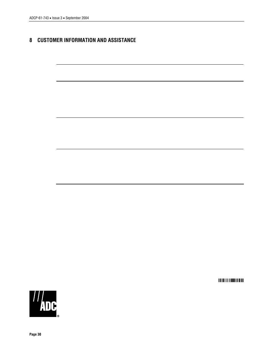 8 customer information and assistance | ADC Soneplex P-61-743 User Manual | Page 30 / 30