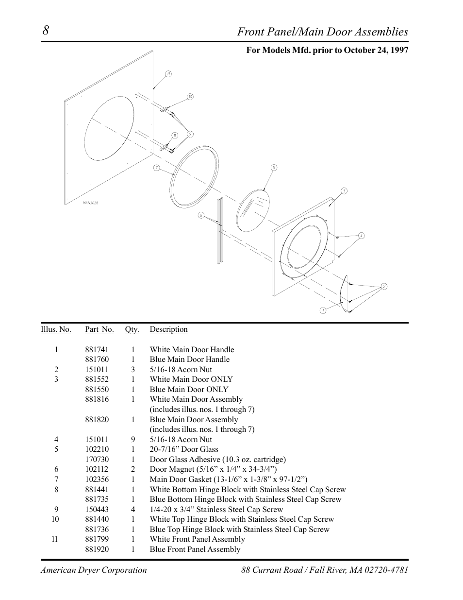 Front panel/main door assemblies, For models mfd. prior to october 24, 1997 | ADC ML-75 User Manual | Page 10 / 46