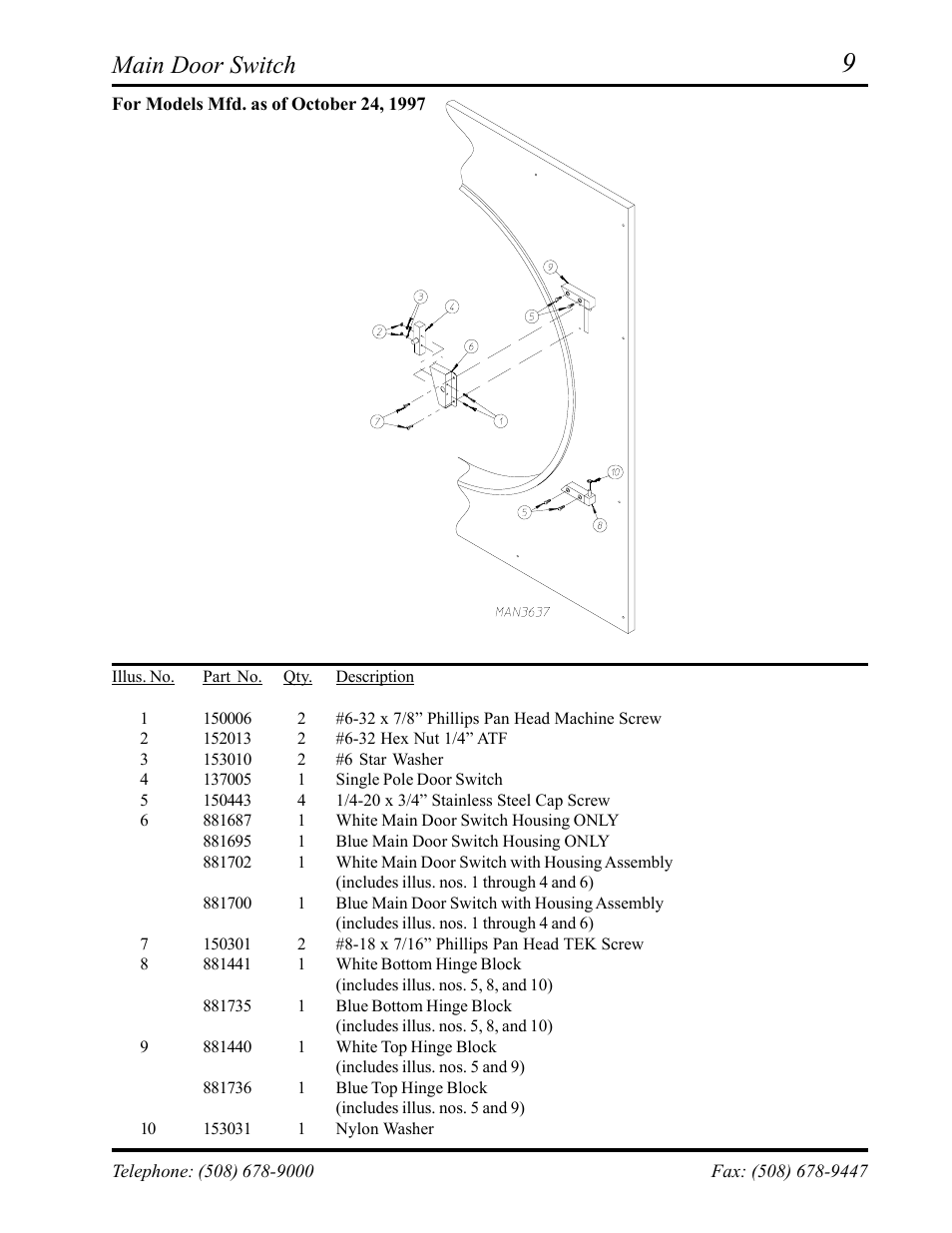 Main door switch, For models mfd. as of october 24, 1997 | ADC ML-75 User Manual | Page 11 / 46