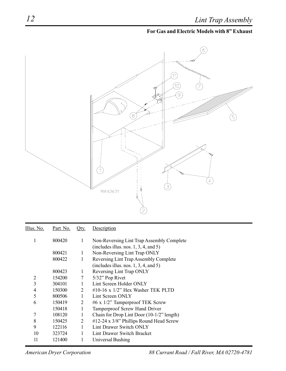 Lint trap assembly, For gas and electric models with 8” exhaust | ADC ML-75 User Manual | Page 14 / 46