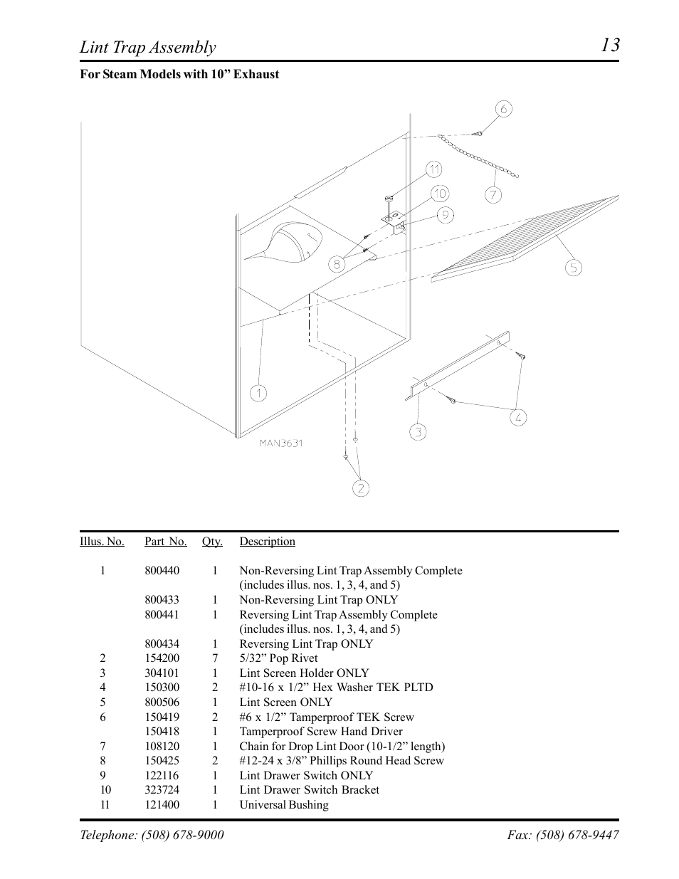 Lint trap assembly, For steam models with 10” exhaust | ADC ML-75 User Manual | Page 15 / 46