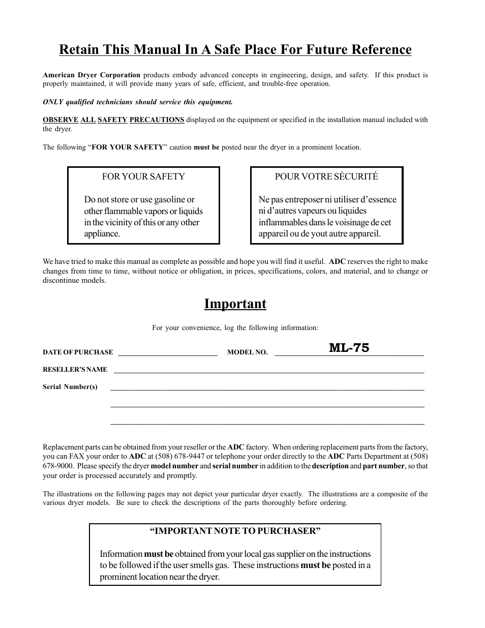 Important, Ml-75 | ADC ML-75 User Manual | Page 2 / 46