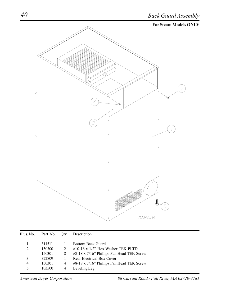 Back guard assembly, For steam models only | ADC ML-75 User Manual | Page 42 / 46