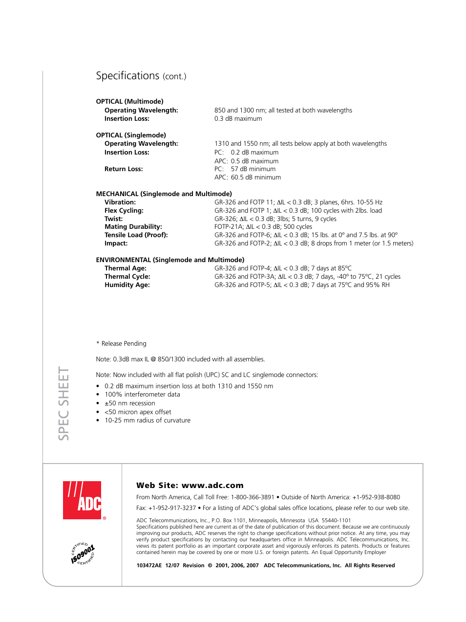 Spec sheet, Specifications | ADC TrueNet TracerLight User Manual | Page 4 / 4