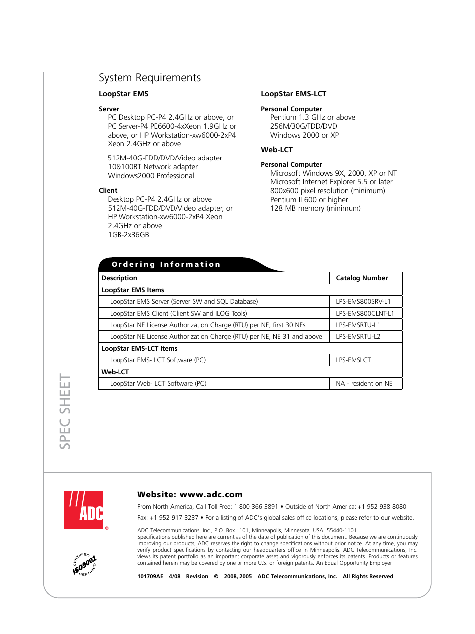 Spec sheet, System requirements | ADC LoopStar 1600 User Manual | Page 4 / 4