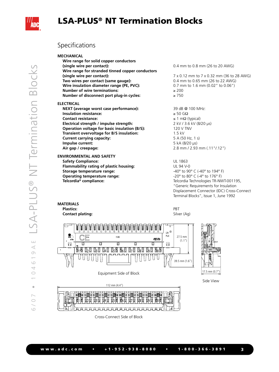 Ls a -p lu s, Nt te rm in at io n b lo ck s, Lsa-plus | Nt termination blocks, Specifications | ADC LSA-PLUS NT User Manual | Page 3 / 4
