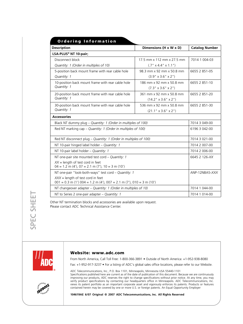 Sp ec s h ee t | ADC LSA-PLUS NT User Manual | Page 4 / 4