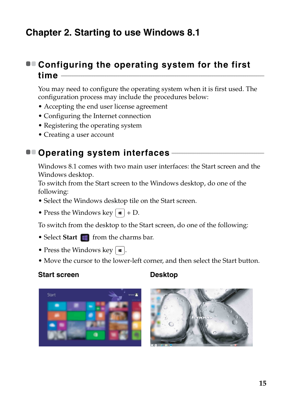 Chapter 2. starting to use windows 8.1, Operating system interfaces | Lenovo G510s Touch Notebook User Manual | Page 19 / 48