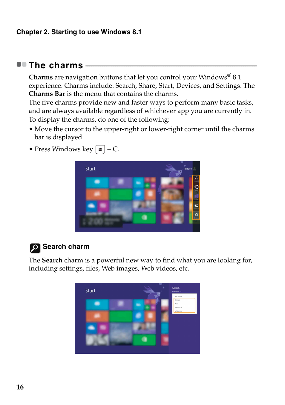 The charms | Lenovo G510s Touch Notebook User Manual | Page 20 / 48