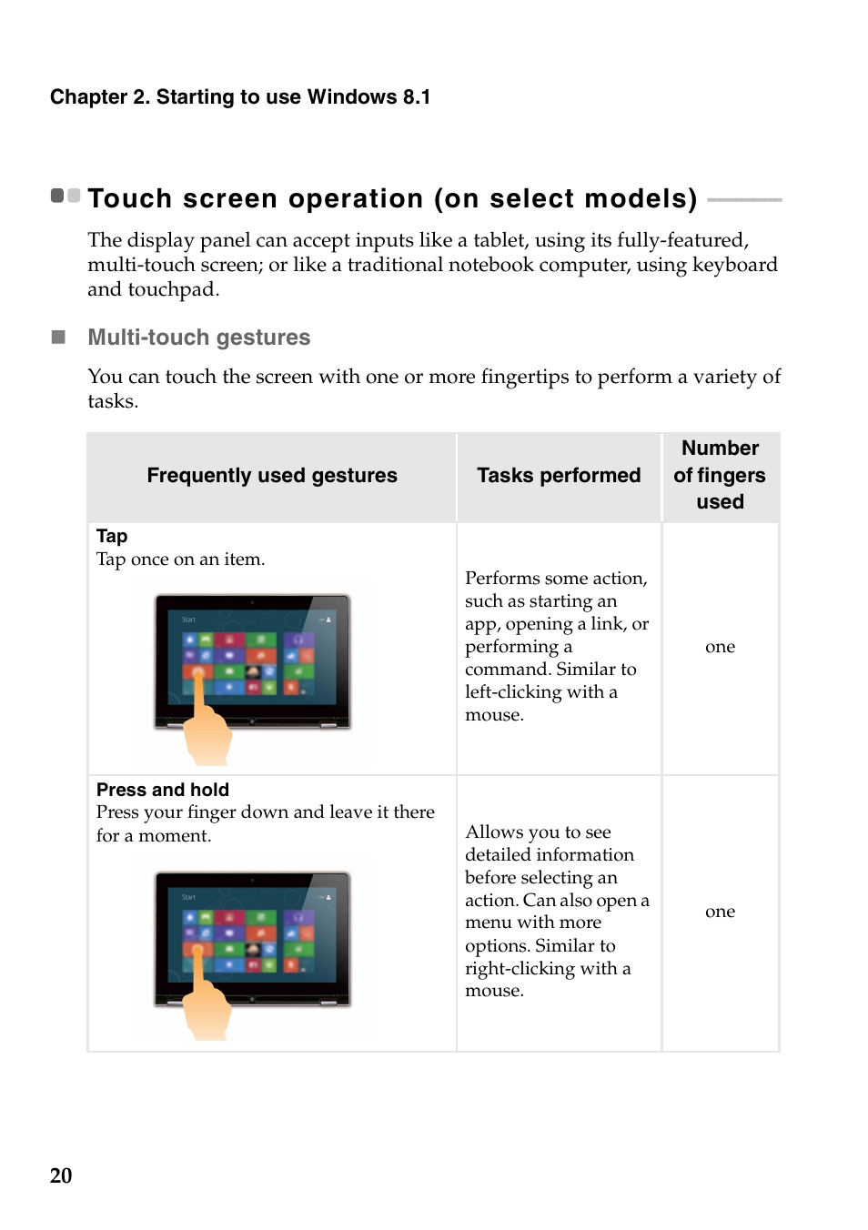 Touch screen operation (on select models) | Lenovo G510s Touch Notebook User Manual | Page 24 / 48