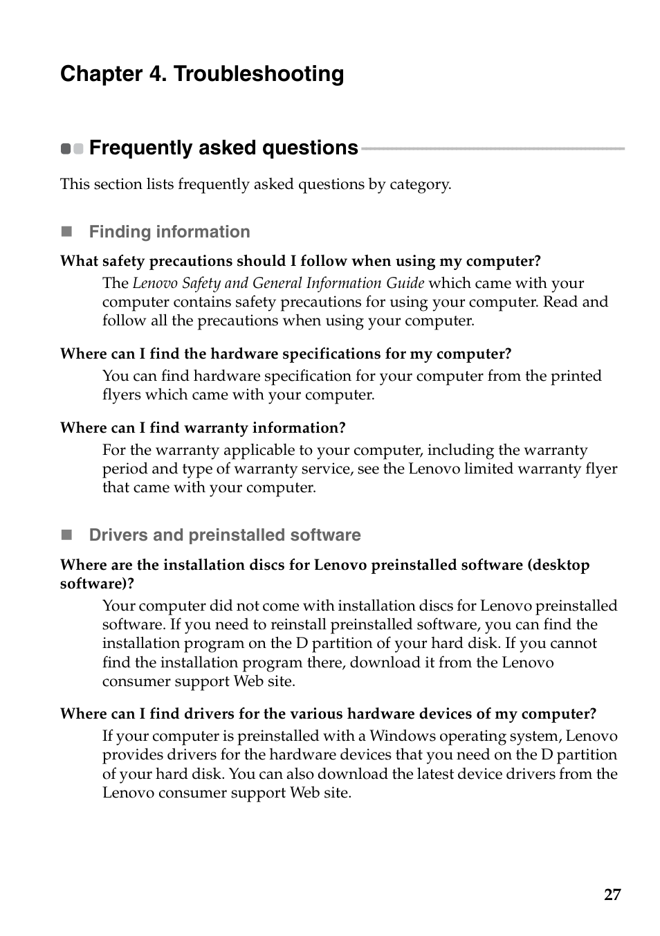 Chapter 4. troubleshooting, Frequently asked questions | Lenovo G510s Touch Notebook User Manual | Page 31 / 48