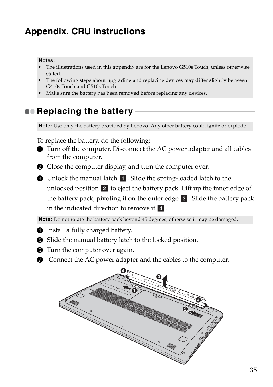 Appendix. cru instructions, Replacing the battery | Lenovo G510s Touch Notebook User Manual | Page 39 / 48