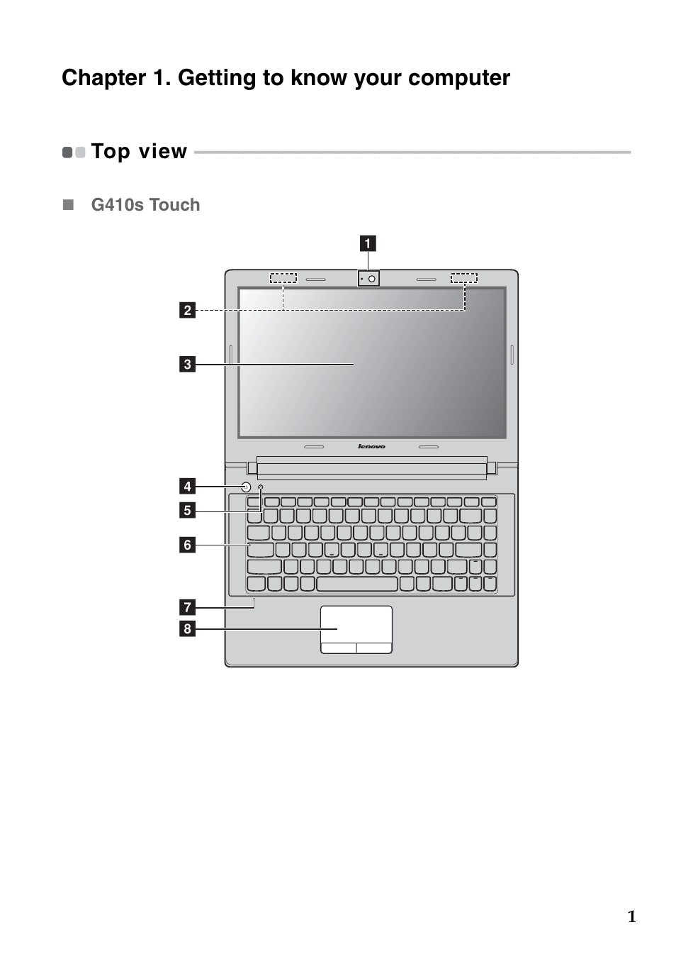 Chapter 1. getting to know your computer, Top view | Lenovo G510s Touch Notebook User Manual | Page 5 / 48