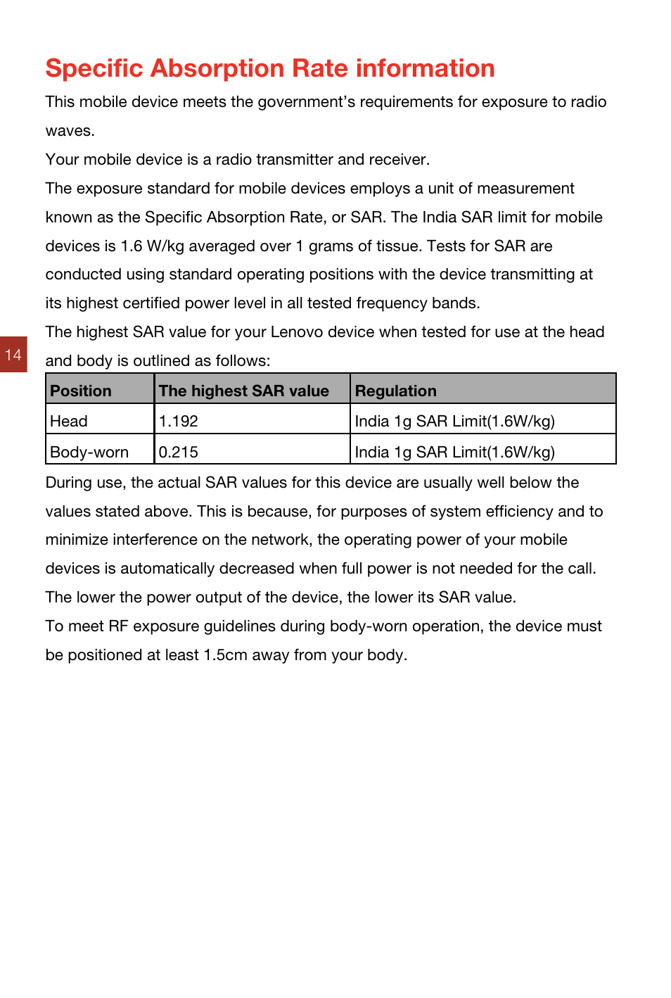 Specific absorption rate information | Lenovo K920 Smartphone User Manual | Page 18 / 46