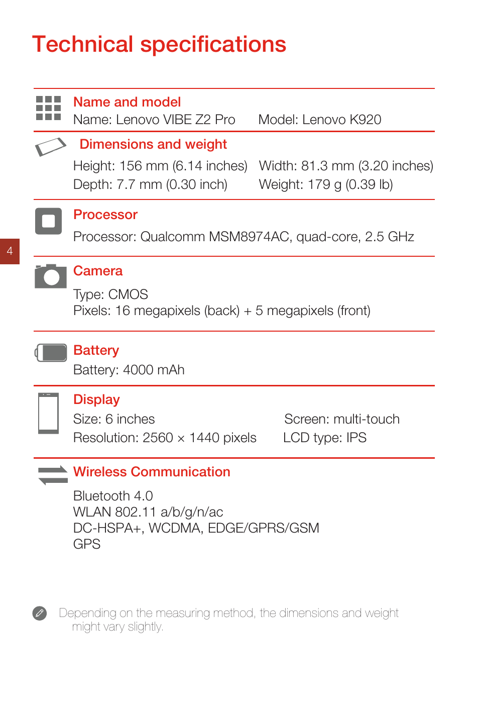 Technical specifications | Lenovo K920 Smartphone User Manual | Page 8 / 46