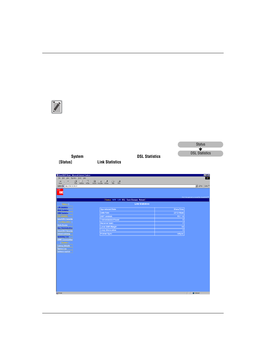 View dsl statistics, View g.shdsl link statistics, Dsl s | Tatistics | ADC MM701G User Manual | Page 100 / 168