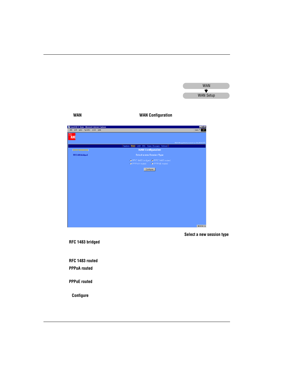 Configure a new wan session, Wan s, Onfigure | Ession | ADC MM701G User Manual | Page 34 / 168