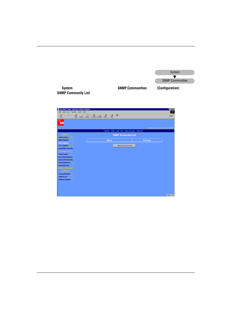 Add snmp communities, Snmp c, Ommunities | ADC MM701G User Manual | Page 56 / 168