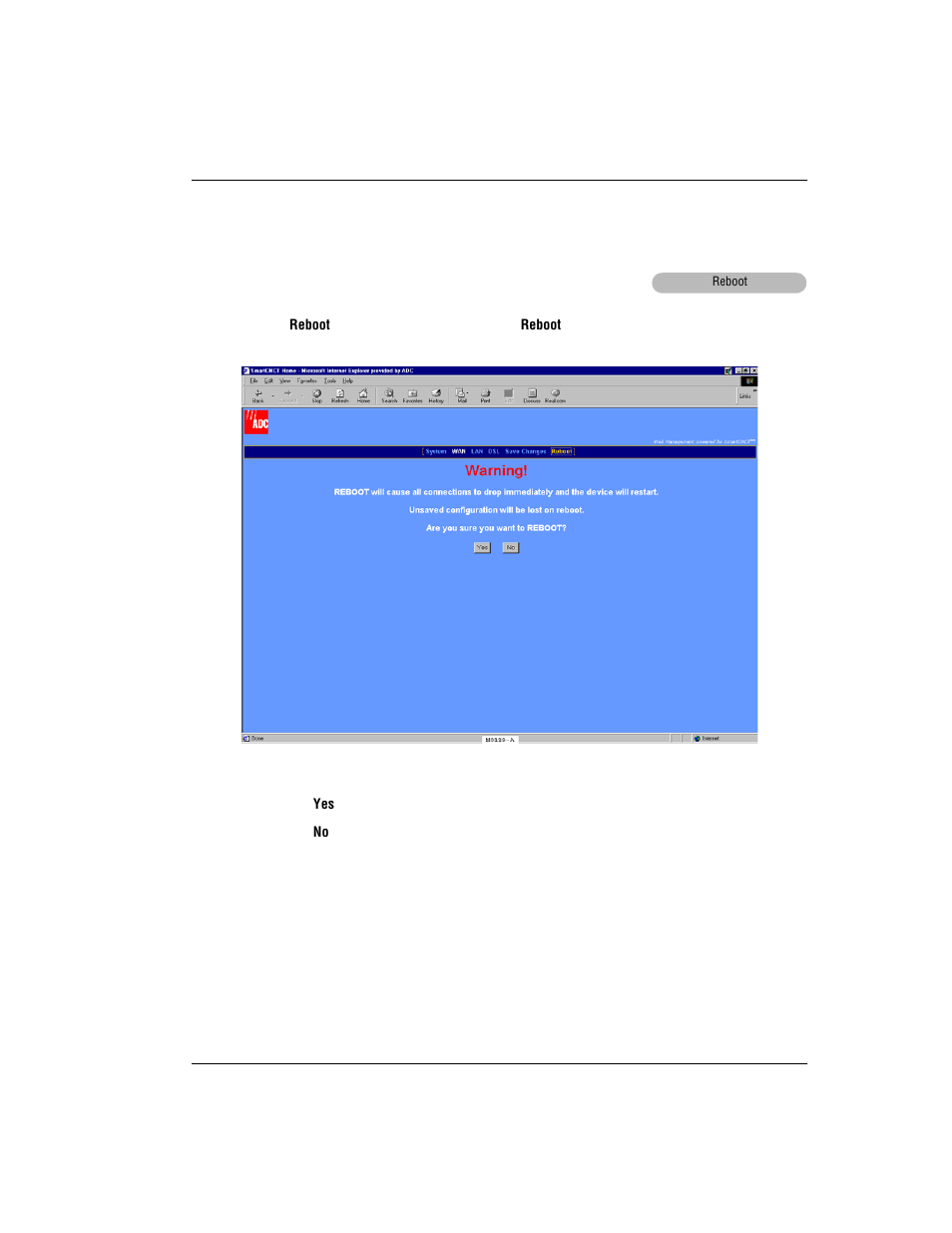 Rebooting the modem, Ebooting, Odem | ADC MM701G User Manual | Page 63 / 168