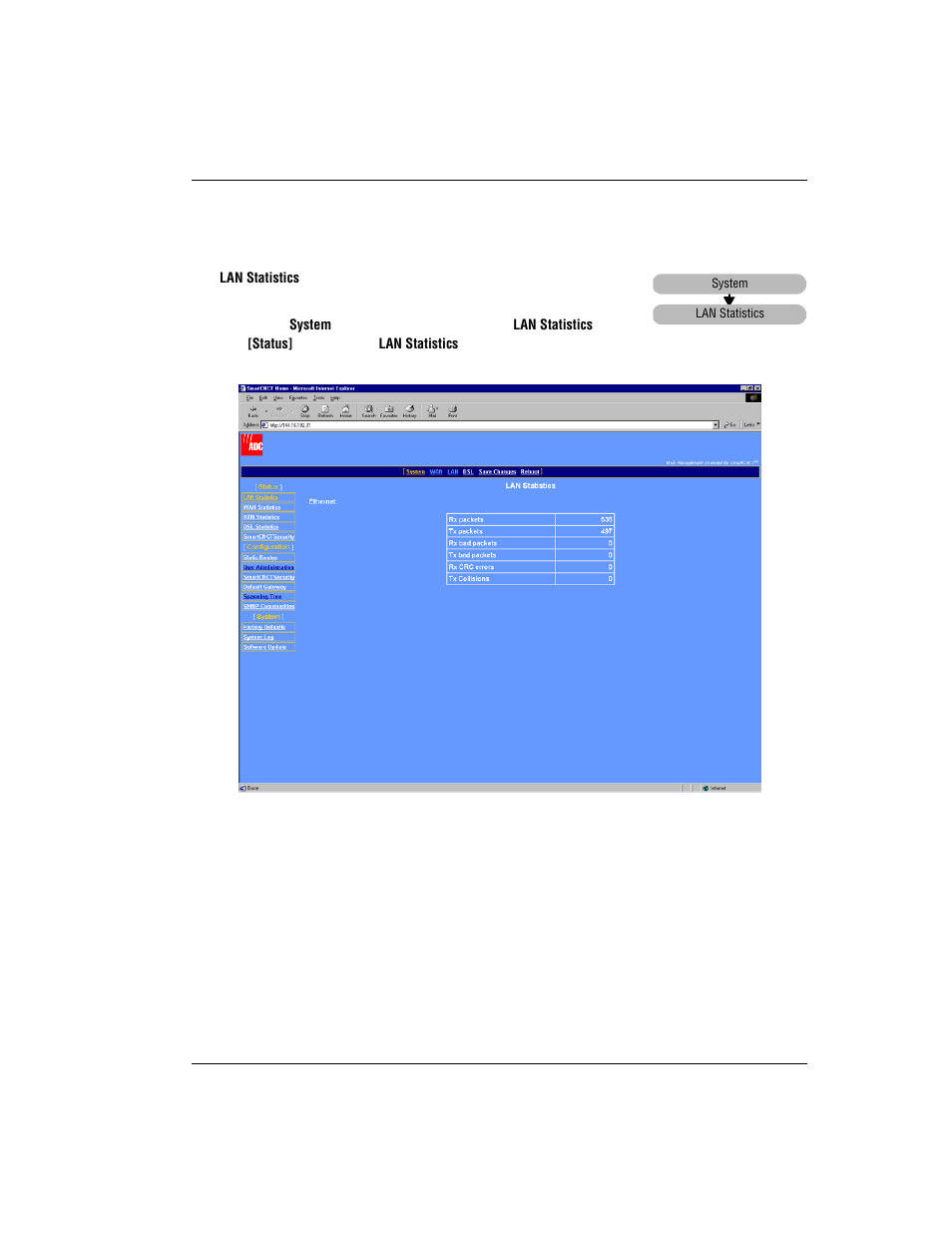 View lan statistics, Lan s, Tatistics | ADC MM701G User Manual | Page 95 / 168