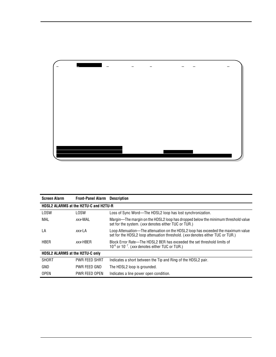 Alarm history at the hdsl2 interface, H2tu-c hdsl2 alarm history screen, Hdsl2 alarm descriptions | ADC H2TU-C-231 User Manual | Page 43 / 74