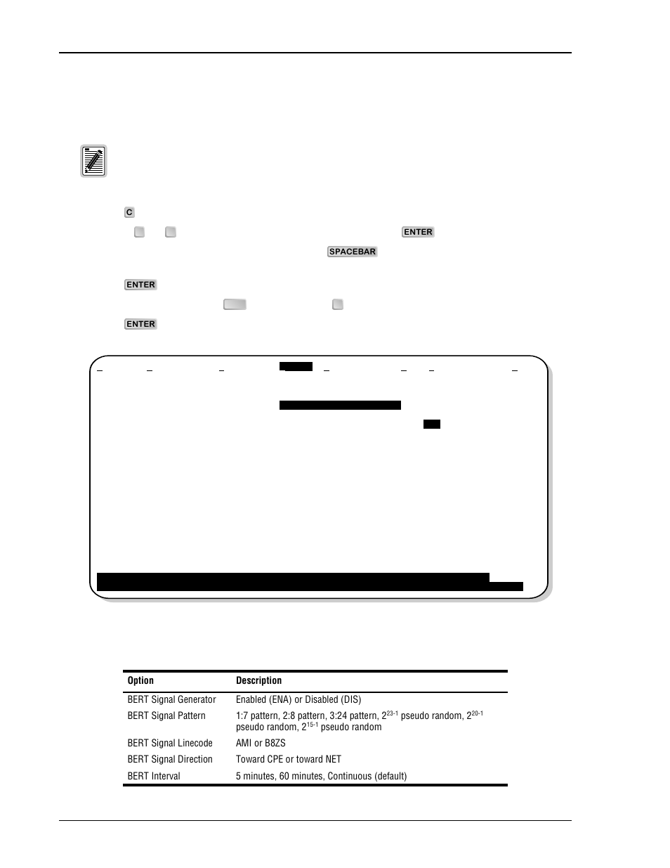Testing with h2tu-c bert generator, H2tu-c bert generator screen, Bert signal generator option settings | H2tu-c bert g, Esting with, Enerator | ADC H2TU-C-231 User Manual | Page 60 / 74