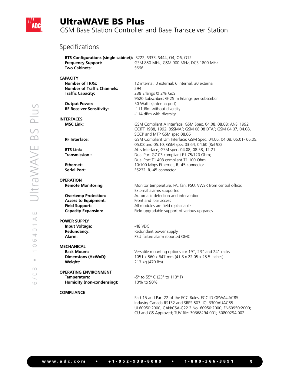 Ultraw a ve bs plus, Ultrawave bs plus, Specifications | ADC UltraWAVE WAVE BS Plus User Manual | Page 3 / 4