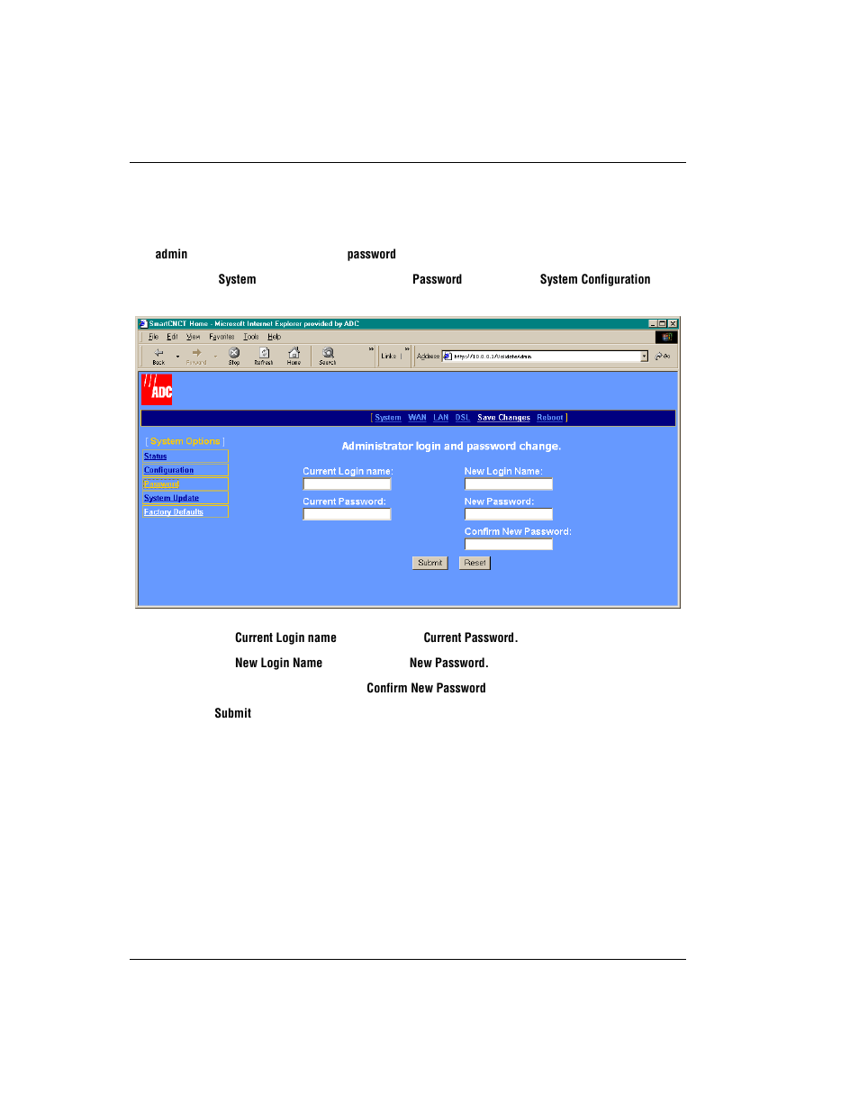 Set login name and password | ADC Modem MM701G User Manual | Page 26 / 108