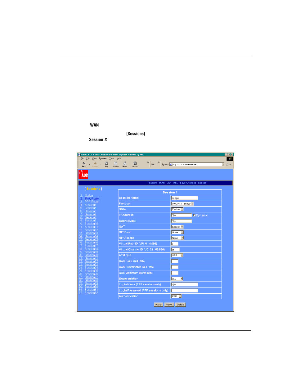 Configuring the wan, Set up wan sessions, Onfiguring the | ADC Modem MM701G User Manual | Page 29 / 108