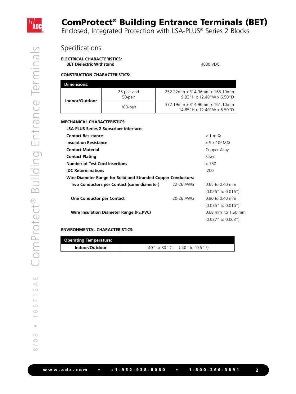 Compr otect, Building entrance terminals, Comprotect | Building entrance terminals (bet, Enclosed, integrated protection with lsa-plus, Series 2 blocks, Specifications | ADC ComProtect Building Entrance Terminals (BET) User Manual | Page 2 / 4